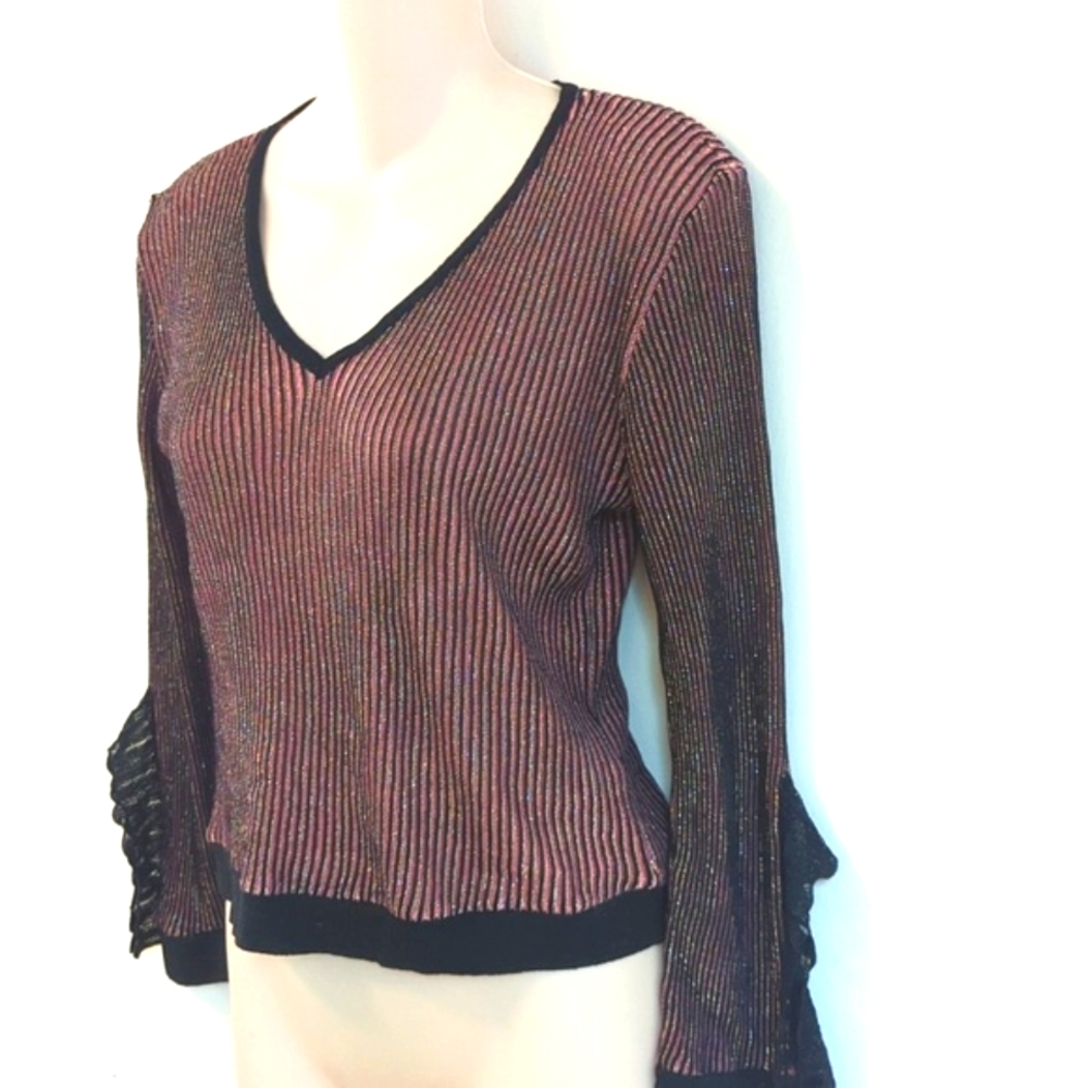 L’Autre Chose Metallic Striped Embellished Sleeve Top S
